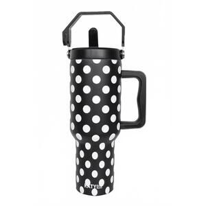 NEW KATYDID women's stainless steel tumbler 38 oz in black and white polka dot